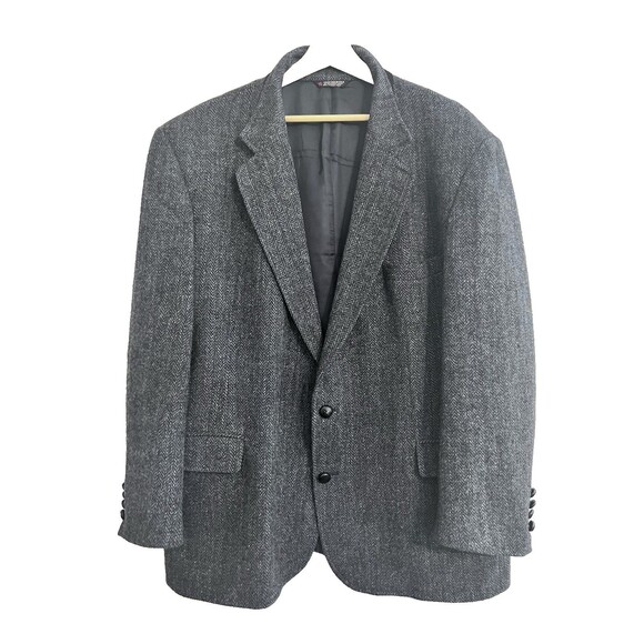 Harris Tweed Scottish Wool Navy Blue Herringbone Sport Coat 46R Academia Preppy - Picture 1 of 14
